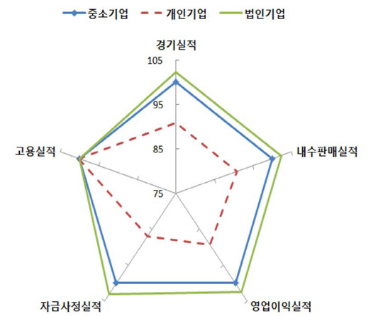 지난 1년 간(2017년 8월 ~ 2018년 7월)의 중소기업(=100.0)과 개인기업, 법인기업의 항목별 실적 SBHI(중소기업경기전망조사의 건강도지수) 비교<중소기업중앙회 제공>